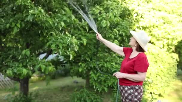 Una anciana en su jardín riega los árboles con una manguera. — Vídeo de stock