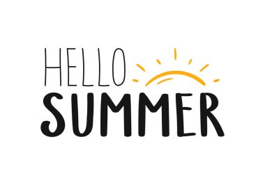 Merhaba yaz. Güneşli yaz mektupları. El yazısıyla yazılmış resimler. Tatil sembolü.