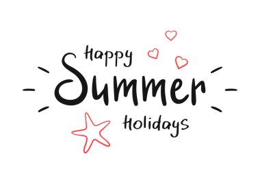 Mutlu yaz tatilleri. Karalama kırmızı kalpler ve deniz yıldızıyla yazlık mektuplar. El yazısıyla yazılmış resimler. Tatil sembolü.