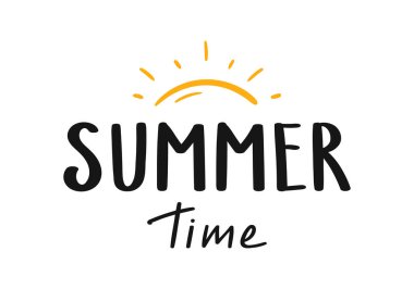 Yaz zamanı. Sarı güneşli yaz mektupları. El yazısıyla yazılmış resimler. Tatil sembolü.