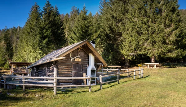 Деревянный Домик Забором Камином Поляне Горах Австрии — стоковое фото