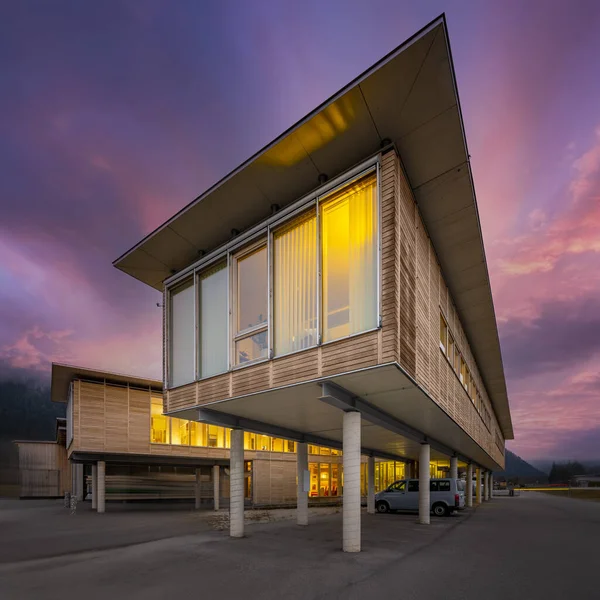 Extreme Bottom Perspective Low Energy Timber Construction Office Building Night — Stock Photo, Image