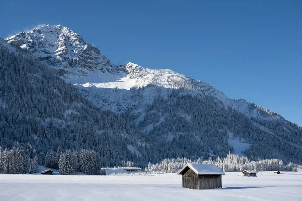 Cabana Coberta Neve Dia Ensolarado Inverno Tirol Frente Montanha Arborizada — Fotografia de Stock