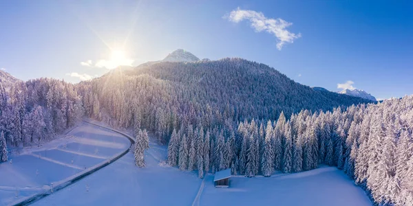 Traumhafte Winterliche Waldlandschaft Mit Sonnenstrahlen Der Ferienregion Reutte — Stockfoto