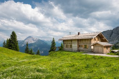 Ahşap ahşap dağ evi ev bahar itibariyle Avusturya dağlar üzerinde