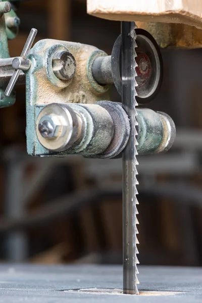 Detail of fixed bandsaw blade with table and lead rolls — Stock Photo, Image