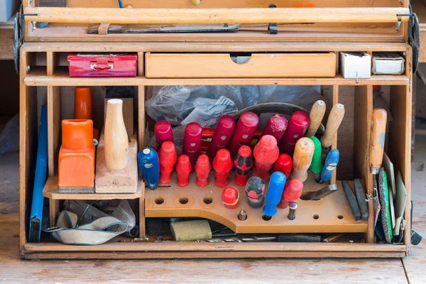 Box of carpenter joiner tools as screwdriver fad plane water level — Stock Photo, Image