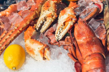 Limon pazarında buzla üzerinde taze donmuş ıstakoz