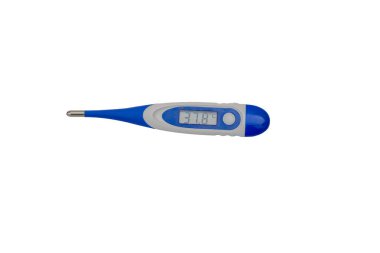 Vücut ısısını ölçmek için mavi-beyaz dijital termometre. Termometre beyaz bir arkaplanda izole edilmiş. Ekrandaki ölçülen sıcaklık 37.8 derece.