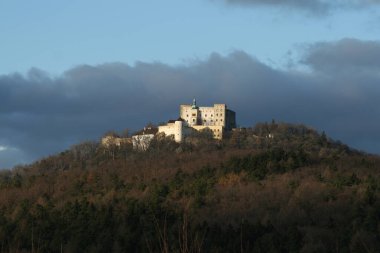 Buchlov Kalesi 'nin bir tepenin üzerinde durduğu orman manzarası. Arka planda kara bulutlu bir gökyüzü var.
