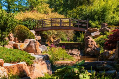 Nehrin üzerindeki ahşap köprünün etrafından. Etrafta çalılar ve çiçekler var..