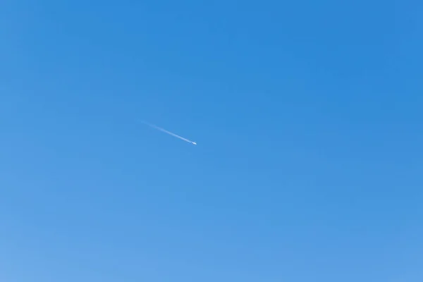 Blue Sky Clouds Airplane Can Seen Sky Followed Flight Trail — Stock Fotó