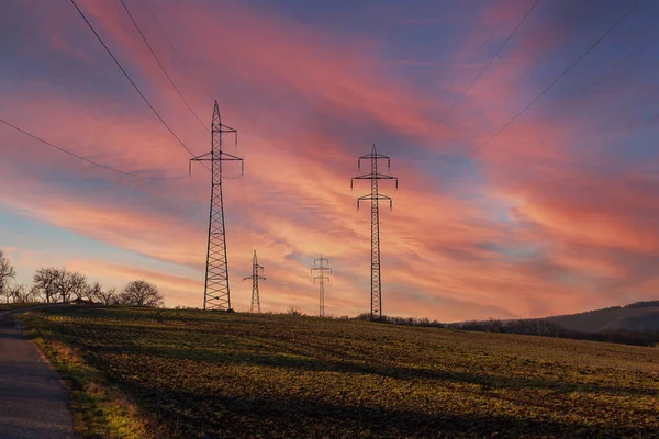 Kırsalda yüksek elektrik direkleri var. Günbatımında renkli gökyüzü.