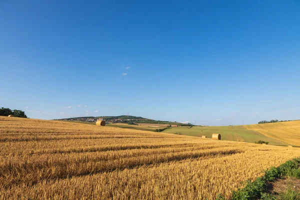 Landschaft Eines Feldes Auf Dem Sich Nach Der Getreideernte Strohballen — Stockfoto