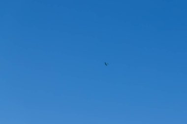 Küçük bir uçak havada uçuyor. Arka planda bulutsuz güzel mavi bir gökyüzü var..