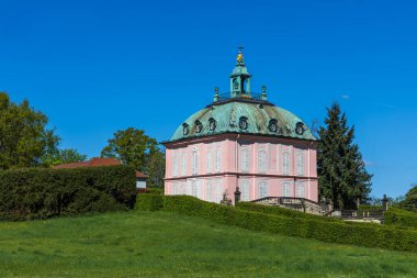 Rococo Fasanenschlsschen parkta. Pembe saray, manikürlü çitlerin arkasında ve sağda bir at arabası var. Güneşli bahar sahnesi.