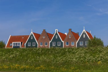 Volendam 'da tipik gabyaları olan geleneksel renkli evler. Kuzey Hollanda 'da güneşli bir günde Hollanda mimarisi.