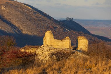 Palava 'daki Sirotci Hradek' in kireçtaşı kalıntılarının yakın görüntüsü. Uzak mesafede Devicky kalesi ile tarihi şato sıcak akşam ışığında kalır.