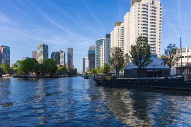 Rotterdam rıhtımının kapsamlı bir görüntüsü modern apartman binaları, demirli gemiler ve geniş bir su yüzeyi. Görüntü, güneşli bir günde modern bir Avrupa liman kentinin atmosferini yakalıyor. Seyahat dergileri ve edito için uygun
