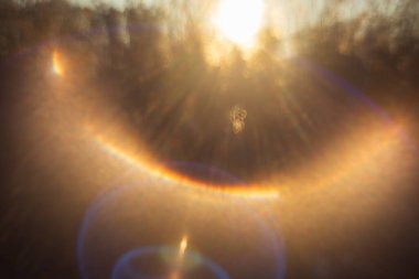 Düşük bir açıyla parlayan Güneş 'in soyut hayali bir görüntüsü gökkuşağı renkleri ve belirgin ışık ışınlarıyla çarpıcı dairesel bir mercek patlaması yaratıyor. Altın ve kahverengi tonlardaki yumuşak, sıcak ve ışıl ışıl arka plan barış, enerji ve umudu çağrıştırıyor. Mükemmel.