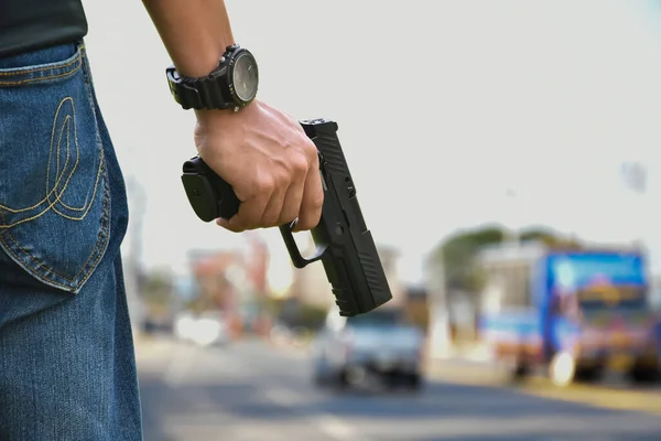 Automatic Shotgun Holding Hands Ready Shoot Concept Security Robbery Safty — Stock Photo, Image