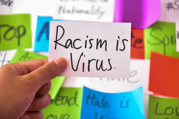 Word card \'Racism is virus.\' holding in hand, concept for calling international community to stop hating, hurting and harassing Asian people in the spreading of covid-19 crisis.