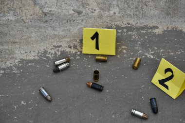 Tabancanın mermileri, kurşun kovanları ve beton zemindeki sarı sayılı kağıt tabelaları, cinayet anında tabanca, silah ve mermi kovanlarının kullanıldığına dair kanıt saklama kavramı..