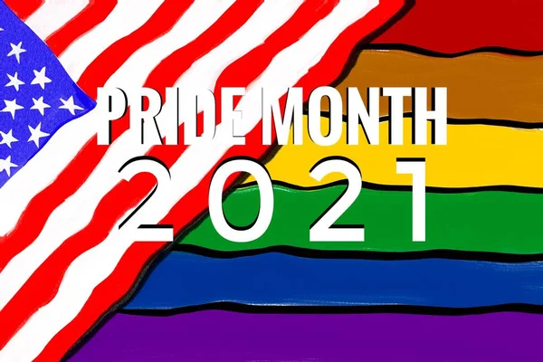 Drawing of America national flag on drawing of rainbow flag with texts 2021 pride month, concept for celebration of lgbtqai communities around the world in pride month, June.