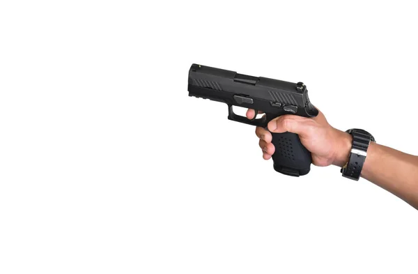 Terisolasi Pistol Hitam Otomatis 9Mm Memegang Tangan Memotong Jalur Fokus — Stok Foto