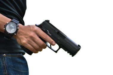 Otomatik siyah 9 mm 'lik tabanca, ateş etmeye hazır, soygun konsepti, bodygaurd, mafya, gangster, güvenlik ve dünya çapında güvenlik. kırpma yolları.