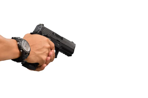 Pistola Preta Automática 9Mm Segurando Mãos Pronta Para Atirar Conceito — Fotografia de Stock