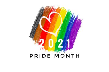Gökkuşağı renklerinin ve kalbin '2021 Gurur Ayı' metinleriyle çizimi, gurur ayında LGBTQ + topluluğu için kavram.