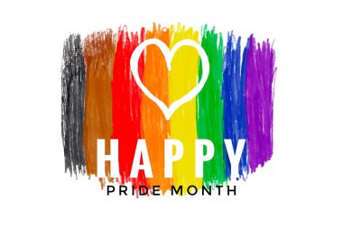 Gökkuşağı renklerinin ve kalbin 'Mutlu Gurur Ayı' metinleriyle çizimi, gurur ayında LGBTQ + topluluğu konsepti.