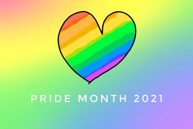 Gökkuşağı kalp çizimi ve metinler 'Gurur Ayı 2021' bulanık gökkuşağı arkaplanı, Igbtq + topluluk kutlamaları konsepti gurur ayında veya Haziran ayında tüm dünyada.