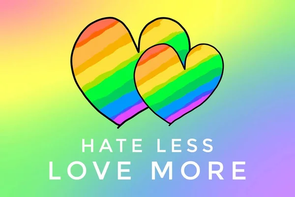 무지개 텍스트 Hate Less Love More 무지개 배경으로 Lgbtq 커뮤니티 — 스톡 사진