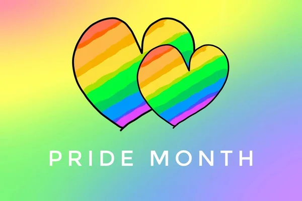 虹色のハートドローイングとテキスト Pride Month 虹色の背景 誇り月または世界中の6月のLgbtq コミュニティのお祝いのための概念 — ストック写真