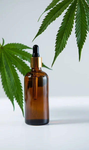 Glas mit Cannabisprodukt und Hanfblättern auf grauem Hintergrund, Nahaufnahme — Stockfoto