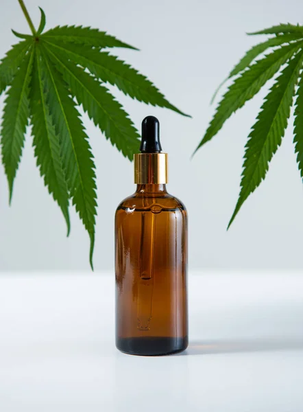 Naturkosmetisches Serum, Hautpflegeflasche mit Hanfblättern. Bio Bio-Cbd-Produkt. — Stockfoto