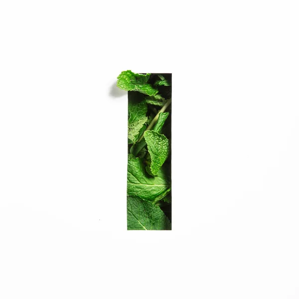 Písmeno I anglické abecedy zelené mátové přírodní listy a řezaný papír izolovaný na bílo. Ponechá písmo pro dekoraci — Stock fotografie