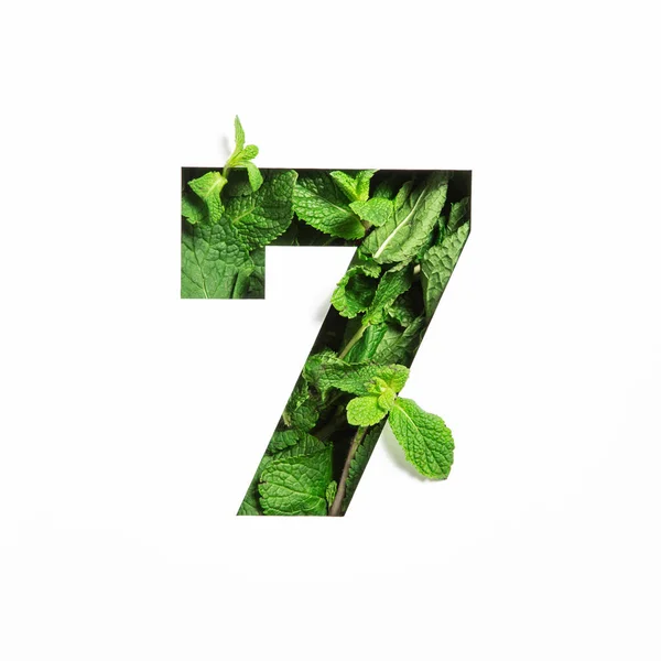 Nummer sieben aus grünen Minzblättern und Papier in Form der siebten Ziffer isoliert auf weiß geschnitten. Schriftart Blätter — Stockfoto