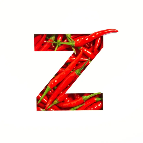 Carta Z do alfabeto inglês de pimenta vermelha quente e papel cortado isolado em branco. Fonte, tipografia de legumes picantes — Fotografia de Stock