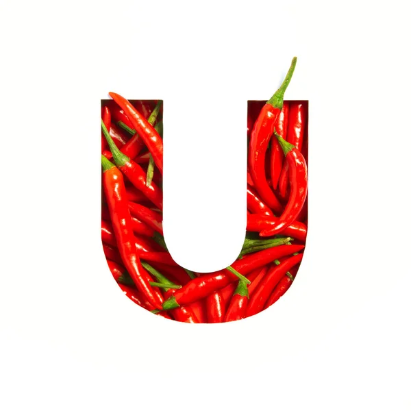 Písmeno U anglické abecedy s horkou červenou chilli paprikou a řezaným papírem izolovaným na bílém. Písmo kořeněné zeleniny — Stock fotografie
