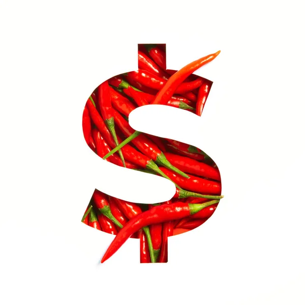 Валютний знак доларів гарячого червоного перець чилі і розрізаний папір ізольовані на білому. Гострий шрифт вегетаріанського шрифту — стокове фото