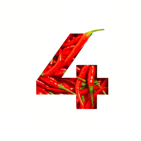 Number four made of red chili pepper, paper cut in shape of fourth numeral isolated on white. Typeface of vegetables — Stock Photo, Image