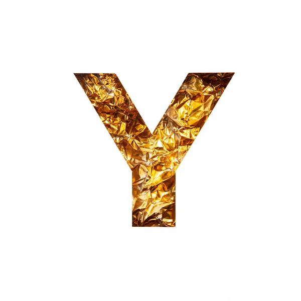 Золотая буква Y английского habet из блестящей фольги и бумаги, вырезанной на белом фоне. Праздничный золотой шрифт — стоковое фото