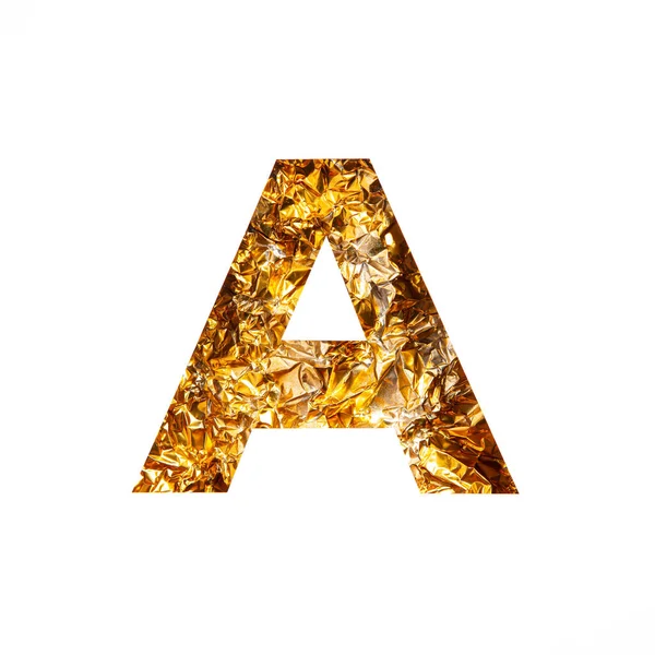 Gold letter A of English alphabet of shiny crumpled foil and paper cut isolated on white. Festive golden typeface — Stock Photo, Image