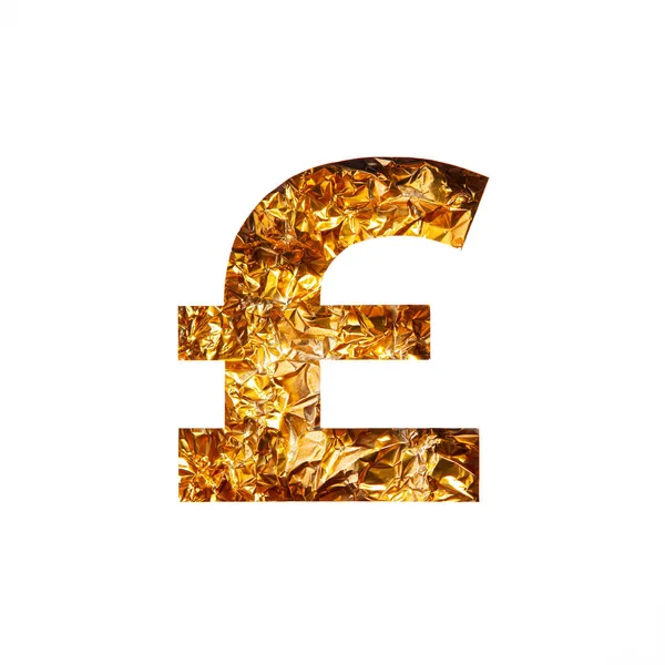 Gilded pound currency sign of shiny crumpled foil and cut paper isolated on white. Typeface of golden leaf — Stock Photo, Image