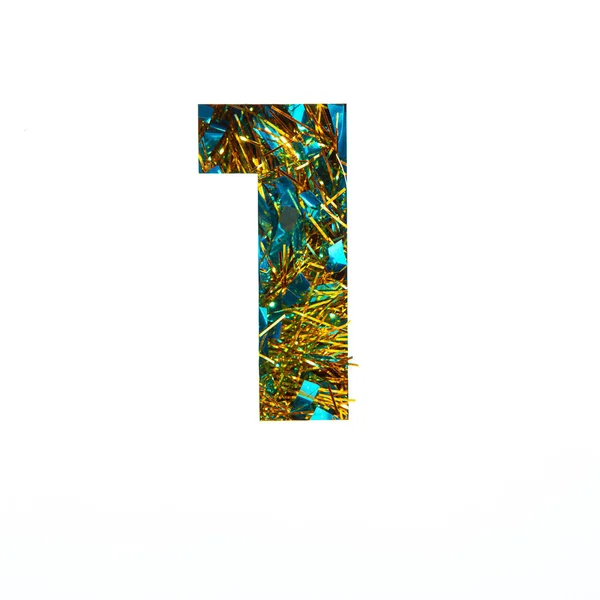 Brilhante número festivo um feito de ouropel e papel cortado em forma de primeiro numeral isolado em branco. Tipo de celebração — Fotografia de Stock