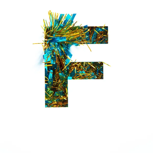 Letter F of English alphabet of shiny tinsel and paper cut isolated on white. Festive typeface for celebration design — Stock Photo, Image