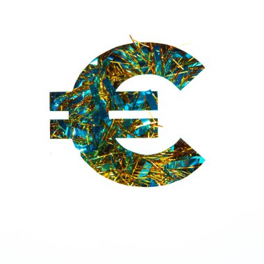 Avrupa para birimi işareti mavi altın rengi parlak süs ve beyaz üzerine izole edilmiş kesilmiş kağıt. Kutlama tasarımı için şenlikli yazı tipi